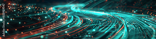 Luminous digital pathways of turquoise and crimson weaving through a dark virtual landscape, symbolizing high-speed communication.
