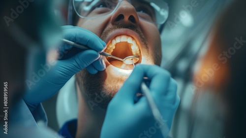 Close-up on dentist's hands using a drill to treat a cavity in a patient's tooth. The patient is lying on the chair, with his eyes closed and an expression of discomfort. The light from the lamp refle photo