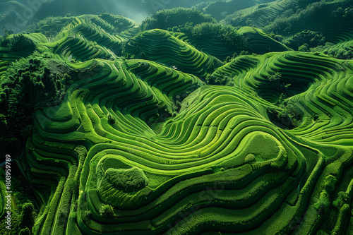 High-altitude drone shot capturing the geometric patterns of terraced agricultural fields. AI generated.