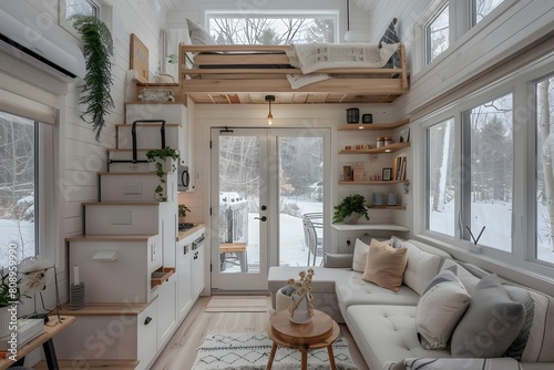 Cozy tiny house living room, with a sofa on small place with under stair storage to the bed
