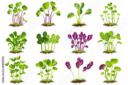  Collection of vector illustrations showing various types of microgreens in soil on a white background. Flat design style. Healthy eating and sustainable agriculture concept. Generative AI