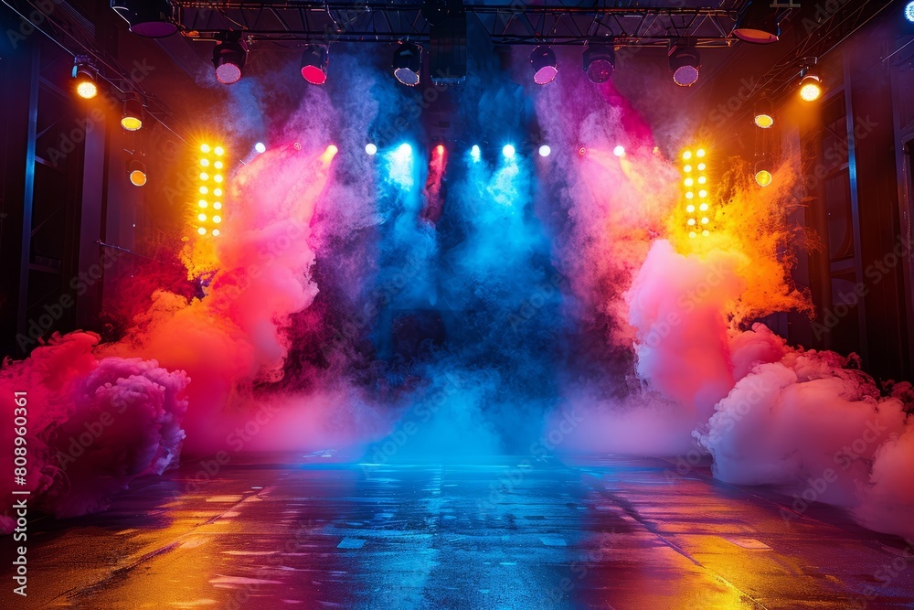 Colorful stage lights and smoke.