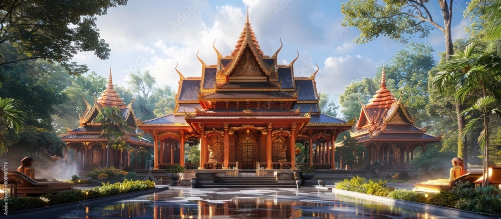 Majestic Buddhist Temple in Lush Tropical Landscape with Reflection Pond and Ornate Pagodas