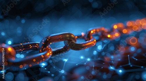 Digital chains linking in a network against a blue background, symbolizing interconnectedness and technology