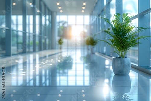 A vivid image capturing a sunlit hallway with polished floors reflecting light and potted plants enhancing the serene office environment photo