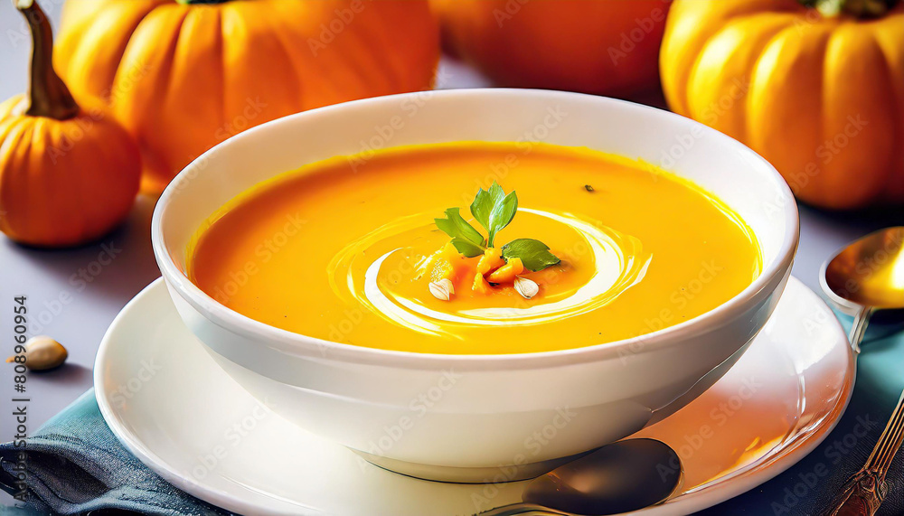 Delicious pumpkin soup in bowl on wooden table Delicious pumpkin soup in bowl on wooden table