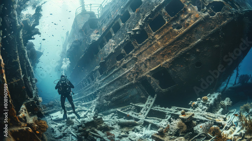 A diver investigates the remains of a submerged ship enveloped by marine life photo