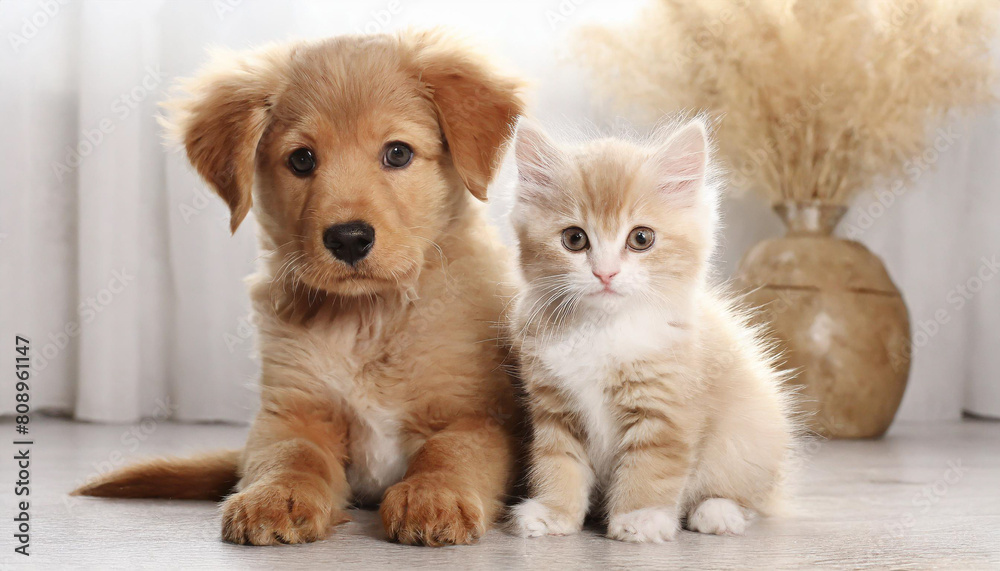 Friendship of puppy and kitten - golden retriever puppy and kitten cuddling