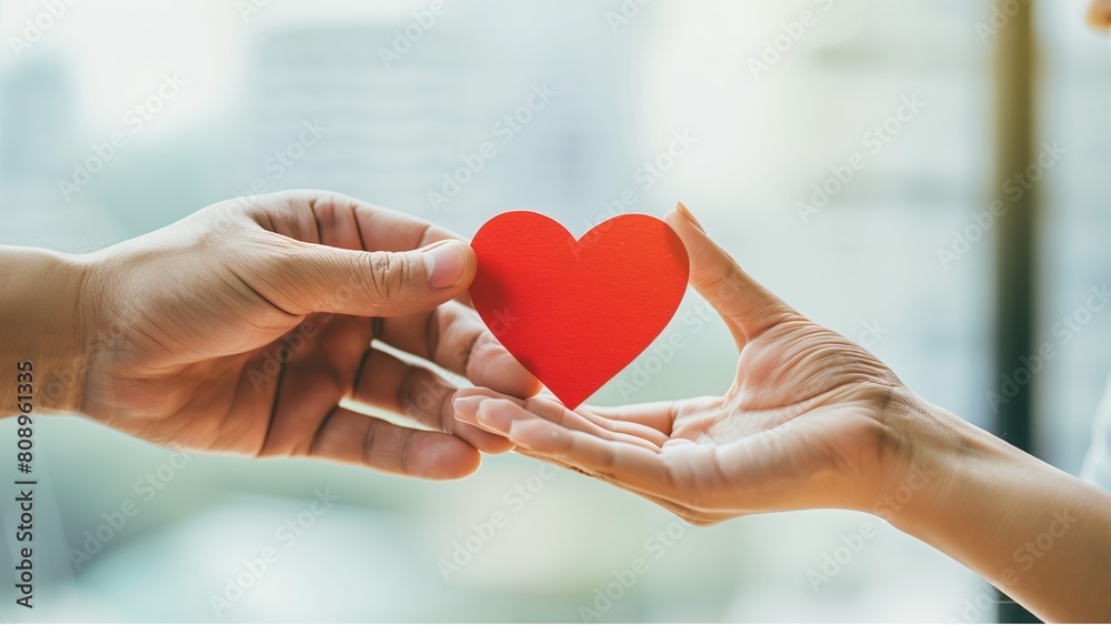 Obraz premium Closeup of hands holding a heart symbol, concept for love and care on Valentine's Day with space for copy, on a white background in bright sunlight