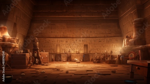 explorers inside an ancient Egyptian pyramid, with various artifacts on the ground and heliographs on the walls. photo