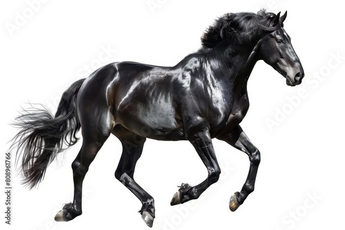 majestic shiny black andalusian stallion galloping on white background digital painting