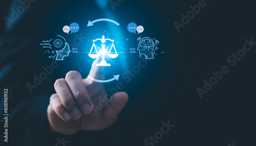 AI ethics or AI Law concept. Developing AI codes of ethics. Compliance, regulation, standard , business policy and responsibility for guarding against unintended bias in machine learning algorithms.