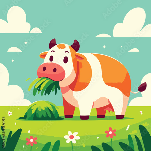 cartoon of a plump cow eating grass