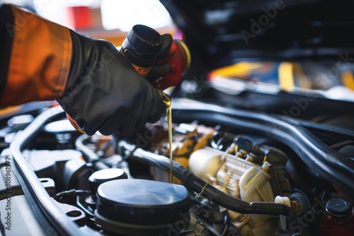 mechanic pouring oil in car engine vehicle maintenance at auto repair shop