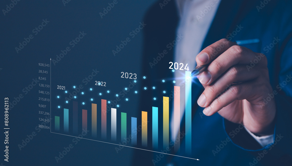 2024 business financial plan market concept, performance of profit growth on 2023 to 2024, education trend up finance on growth graph money revenue, Businessman analyzes profitability of working.