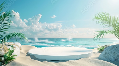 A white podium on the beach with waves crashing  under a cloudy blue sky