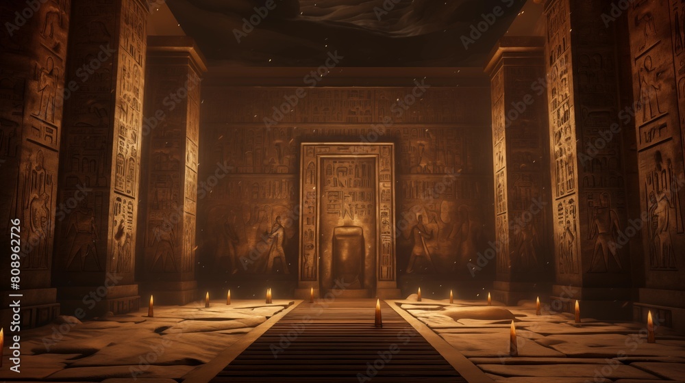 illustration of egyptian wall with hieroglyphs inside the pharaoh's tomb.