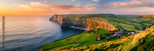 Captivating Sunset over Rural Town and Seaside Cliffs in the UK – A paradisiacal Holiday Destination