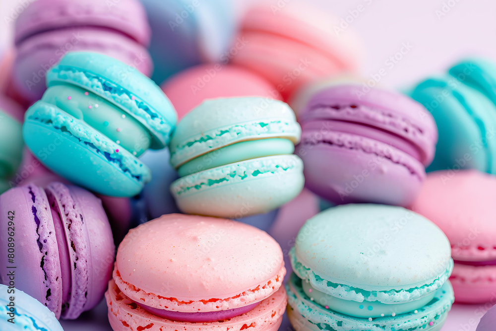 colorful macarons, arranged in shades from light pink to dark blue, with the top left corner filled with pastel purple and turquoise colored cookies. The background is blurred colorful macarons, arranged in shades from light pink to dark blue, with the top left corner filled with pastel purple and turquoise colored cookies. The background is blurred