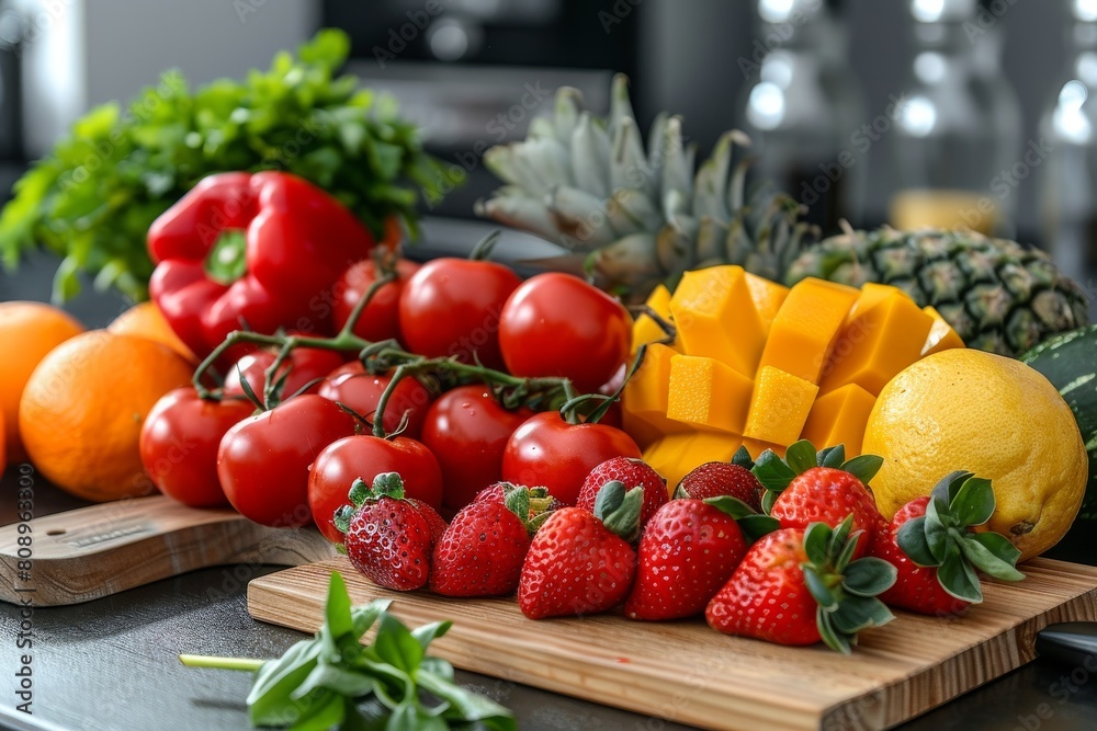 Vibrant selection of fresh fruits and vegetables showcasing strawberries, tomatoes, and mangoes, great for healthy eating and lifestyle themes