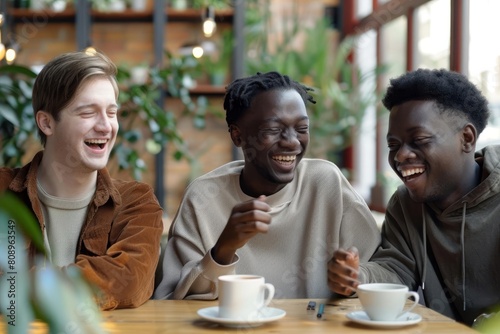 multiethnic coworkers enjoying coffee break laughing together at office table