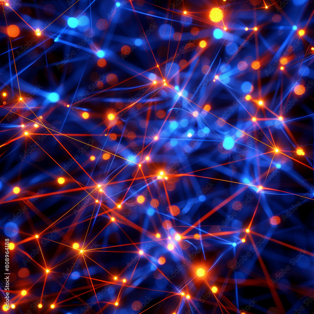 Neon indigo and fiery orange lines creating a mesmerizing display of digital communication points in an abstract space. Neon indigo and fiery orange lines creating a mesmerizing display of digital communication points in an abstract space.