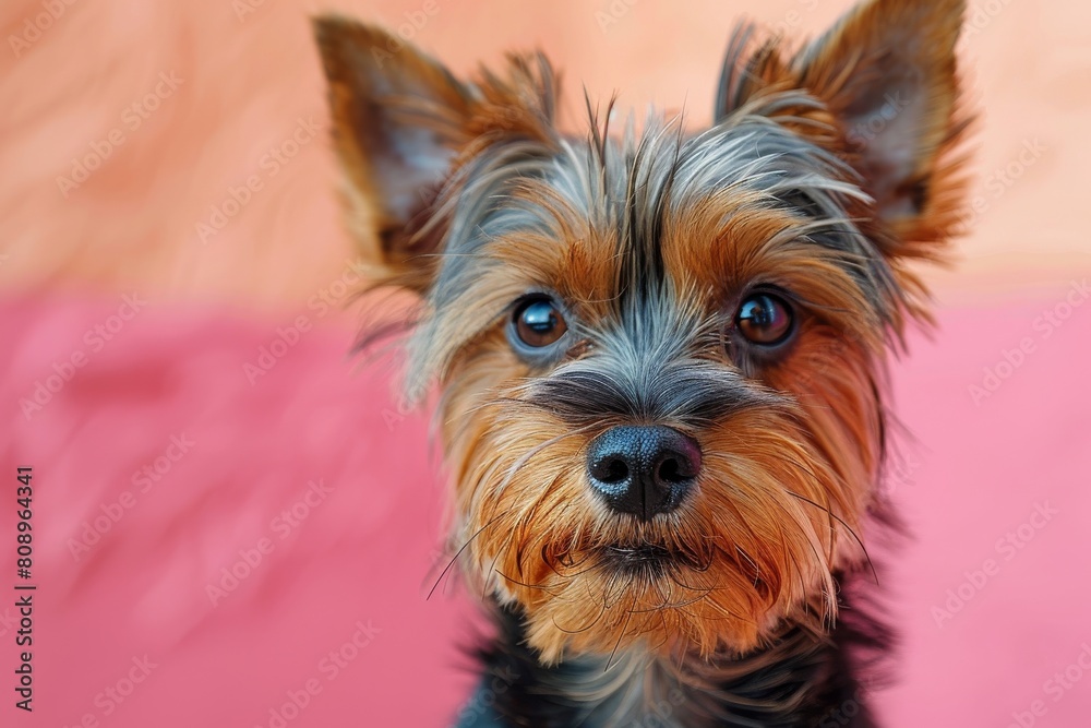 A Yorkshire Terrier's striking portrait set against a vibrant, colorful backdrop, showcasing its lively personality Character, vibrancy, and the essence of pet charisma A Yorkshire Terrier's striking portrait set against a vibrant, colorful backdrop, showcasing its lively personality Character, vibrancy, and the essence of pet charisma