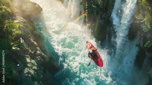 Extreme Kayaker Descending Lush Waterfall Amidst Dramatic Spray and Sunlight-Illuminated Rainbow