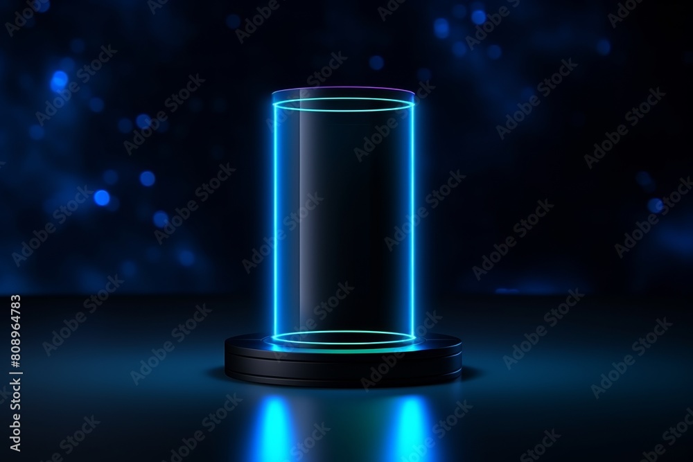 A glowing blue glass cylinder on a black base against a dark blue background with bright blue sparkles. A glowing blue glass cylinder on a black base against a dark blue background with bright blue sparkles.