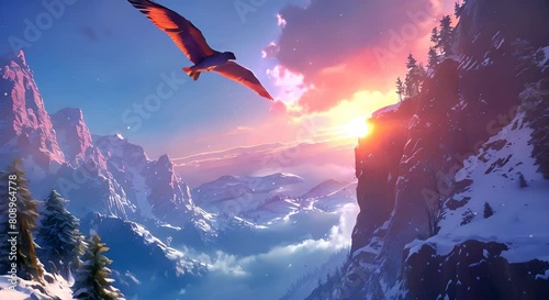 An eagle is flying over snow-capped mountains at sunset. photo