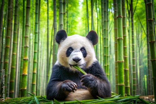 panda bear eat plant in bamboo forest