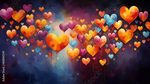 Colorful Heart Balloons on Abstract Artistic Background