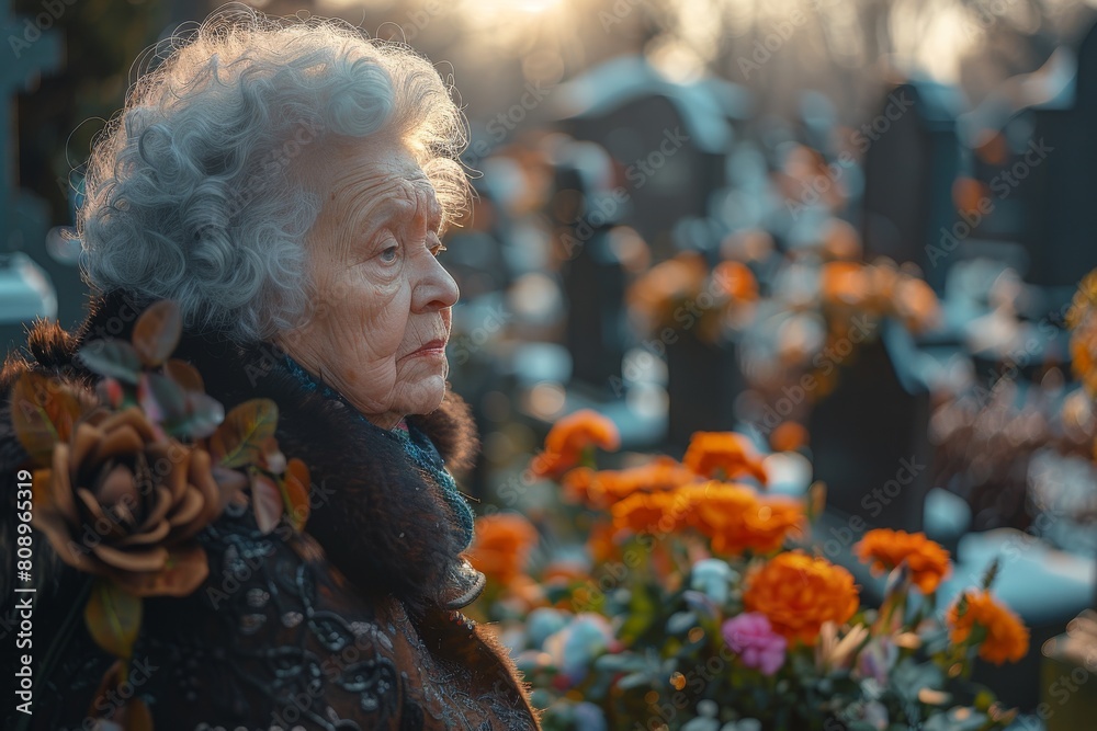 A somberly dressed elderly woman contemplates at a cemetery surrounded by vibrant marigolds, with her face artistically blurred A somberly dressed elderly woman contemplates at a cemetery surrounded by vibrant marigolds, with her face artistically blurred