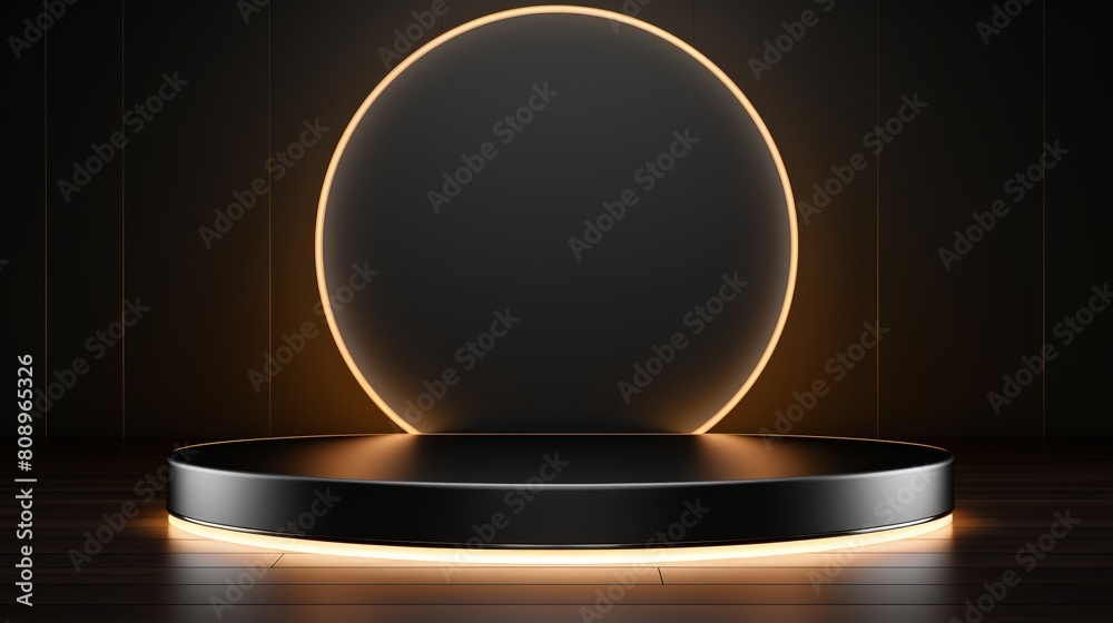 Black and gold glowing pedestal with circle backdrop., background Black and gold glowing pedestal with circle backdrop., background