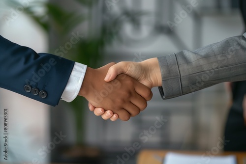 Professional Handshake After Successful Interview - Business Attire in Well-lit Office Setting