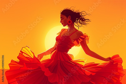 Wallpaper Mural Graceful dancer twirling in a flowing red dress against a sunset backdrop Torontodigital.ca