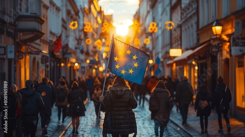 The European Union (EU) flag flies in the wind at sunset. The official symbol of the EU.