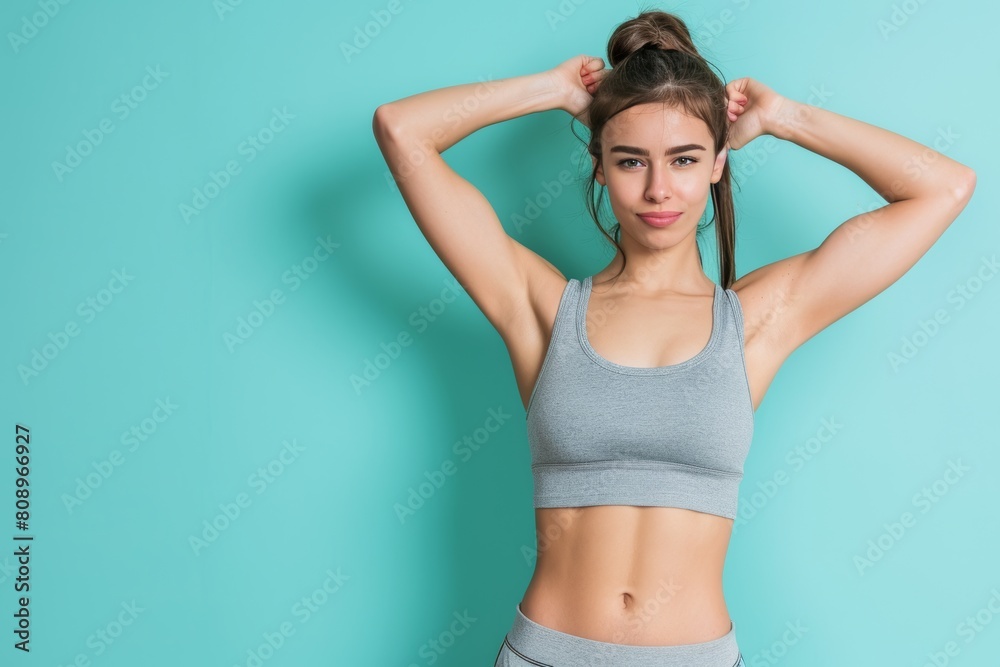 Fototapeta premium Bold lady flexing muscles against neutral background with text space