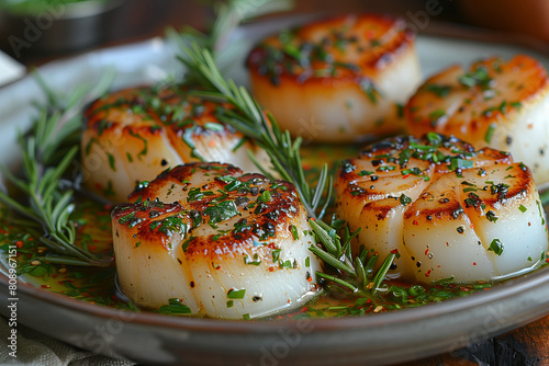 Seared Scallops in Herb Oil. Perfectly seared scallops garnished with herbs and spices, served in herb-infused oil.