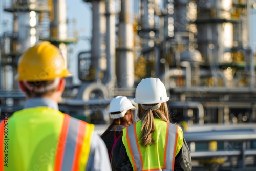 Engineering team monitoring operations in refinery