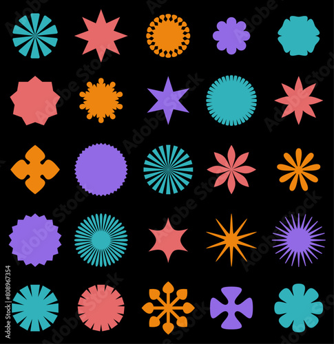 A dynamic collection of abstract shapes in neon glow colors set against a dark background, creating a striking contrast.