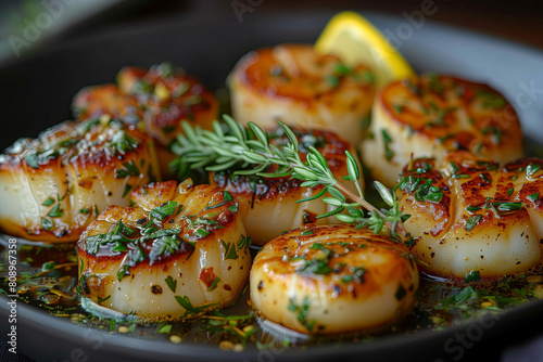 Seared Scallops in Herb Oil. Perfectly seared scallops garnished with herbs and spices, served in herb-infused oil.