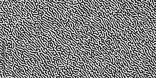 Turing reaction diffusion monochrome seamless pattern with chaotic motion. Linear design with biological shapes. Organic lines in Memphis. abstract truing organic wallpaper background.