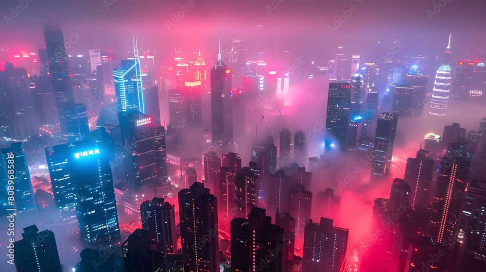 The night view of the city, highrise buildings with lights on in red and blue tones, shrouded in fog. The entire skyline is covered in neon light from various tall buildings,full of mystery and future The night view of the city, highrise buildings with lights on in red and blue tones, shrouded in fog. The entire skyline is covered in neon light from various tall buildings,full of mystery and future
