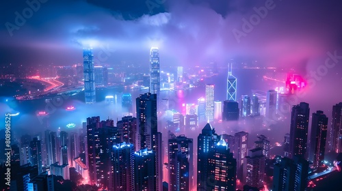 The night view of the city  highrise buildings with lights on in red and blue tones  shrouded in fog. The entire skyline is covered in neon light from various tall buildings full of mystery and future