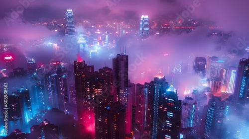 The night view of the city  highrise buildings with lights on in red and blue tones  shrouded in fog. The entire skyline is covered in neon light from various tall buildings full of mystery and future