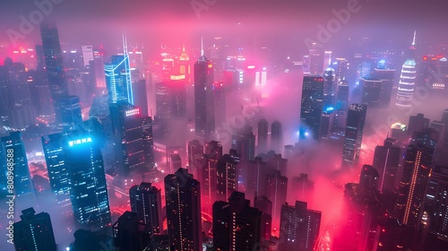 The night view of the city, highrise buildings with lights on in red and blue tones, shrouded in fog. The entire skyline is covered in neon light from various tall buildings,full of mystery and future