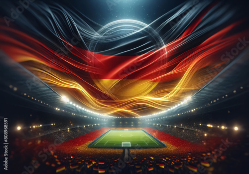 Im Hintergrund weht eine große Deutschlandfahne, davor ein Stadion, copy space photo