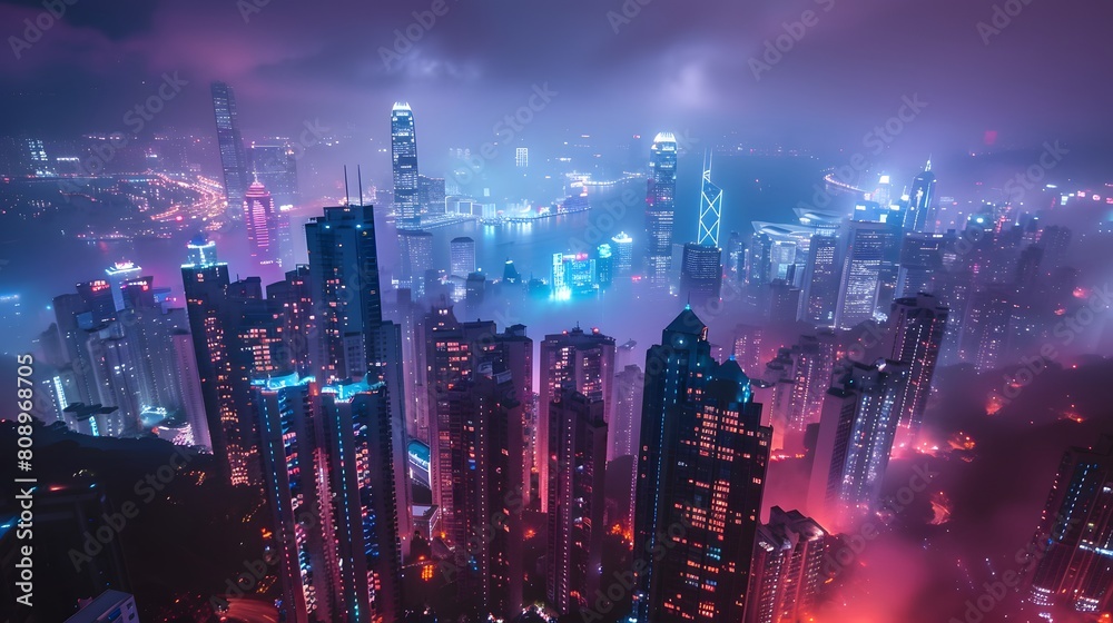 The night view of the city, highrise buildings with lights on in red and blue tones, shrouded in fog. The entire skyline is covered in neon light from various tall buildings,full of mystery and future