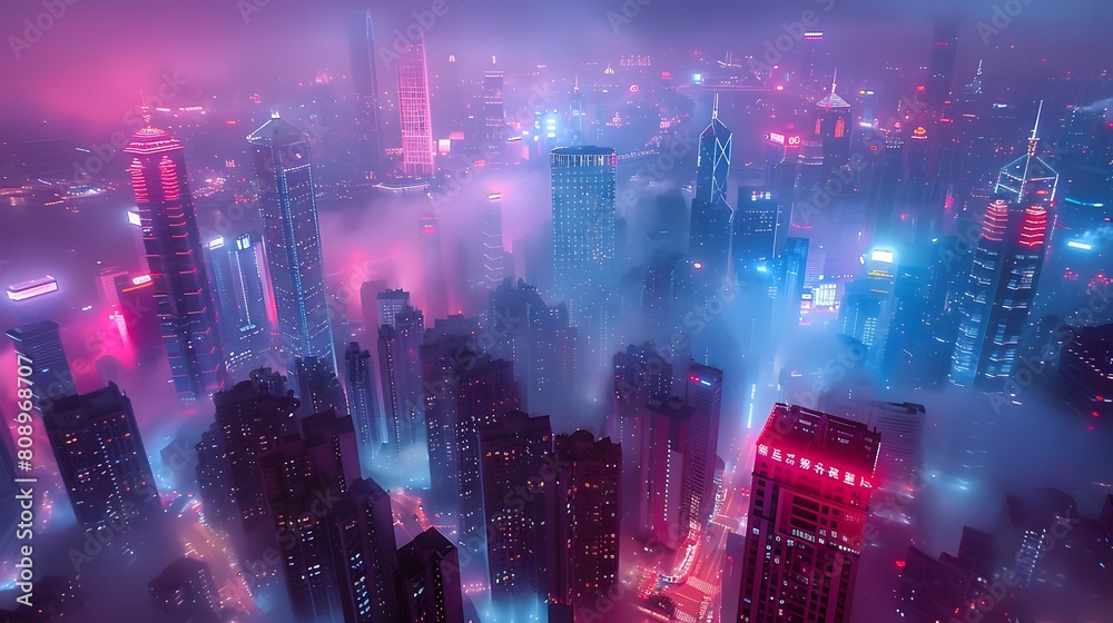 The night view of the city, highrise buildings with lights on in red and blue tones, shrouded in fog. The entire skyline is covered in neon light from various tall buildings,full of mystery and future The night view of the city, highrise buildings with lights on in red and blue tones, shrouded in fog. The entire skyline is covered in neon light from various tall buildings,full of mystery and future